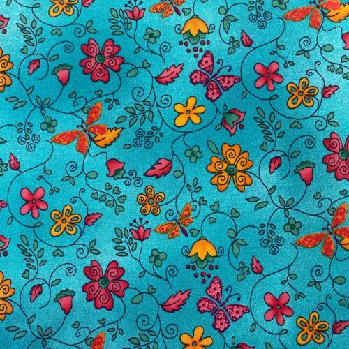 Poplin - blomster og sommerfugle på blå bund